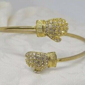 Rhinestone Mittens Bangle Thin Gold Tone Bracelet